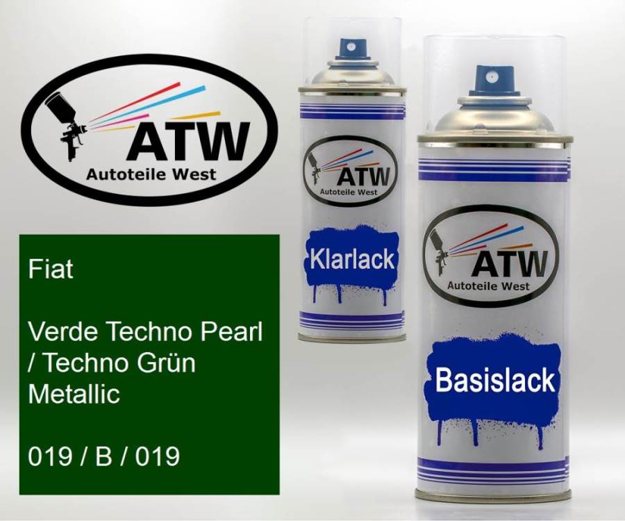 Fiat, Verde Techno Pearl / Techno Grün Metallic, 019 / B / 019: 400ml Sprühdose + 400ml Klarlack - Set, von ATW Autoteile West.